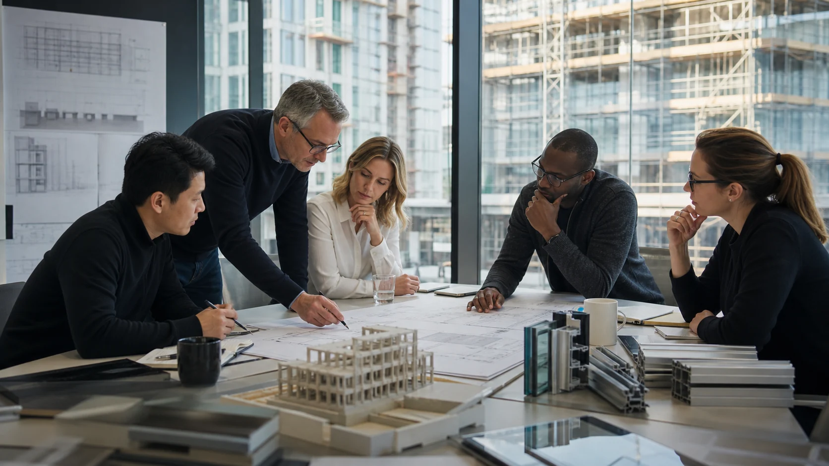 International facade engineering team reviewing curtain-wall drawings, profiles and glazing samples