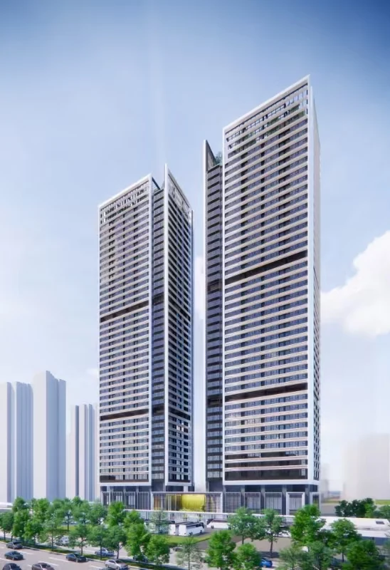 Architectural rendering of the twin-tower Foshan Tianyue high-end apartment and mixed-use development