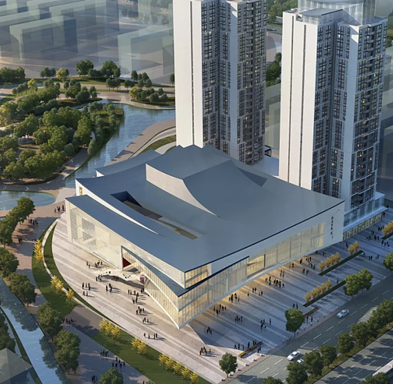 Architectural rendering of Maoming City Theatre showing its sail-and-wave roof form, glazed public podium and adjoining towers