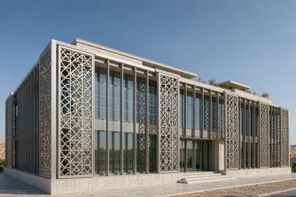 Inland desert villa in Riyadh with semi-transparent BIPV photovoltaic glazing integrated in a stick curtain wall grid behind an aluminium mashrabiya screen