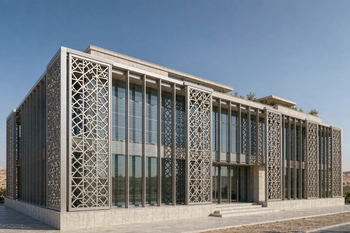 Inland desert villa in Riyadh with semi-transparent BIPV photovoltaic glazing integrated in a stick curtain wall grid behind an aluminium mashrabiya screen