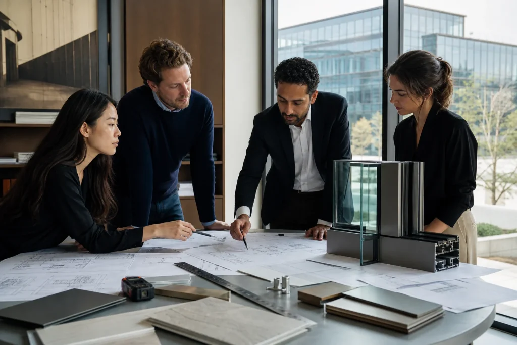 International facade engineering team coordinating curtain-wall drawings, aluminium profiles and insulated-glass samples
