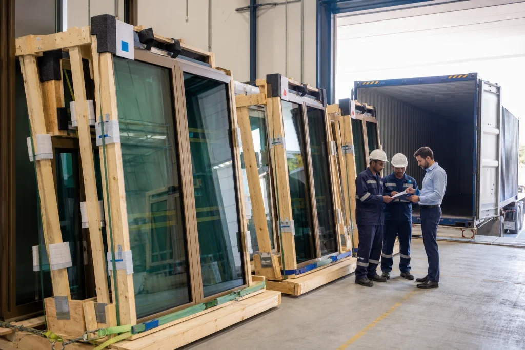 Glazed facade panels secured in export stillages beside a shipping container while the packing sequence is checked