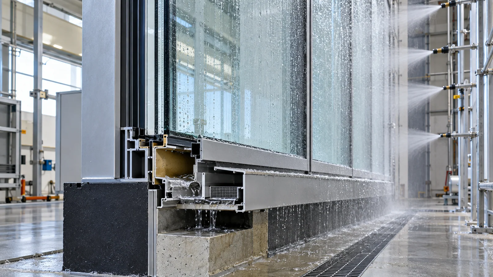 Curtain wall waterproofing test bay with controlled water spray and sill drainage paths visible