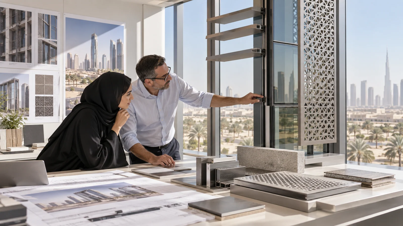 Architect and facade engineer reviewing Gulf curtain-wall, solar-control glass, aluminium finish and shading-screen samples