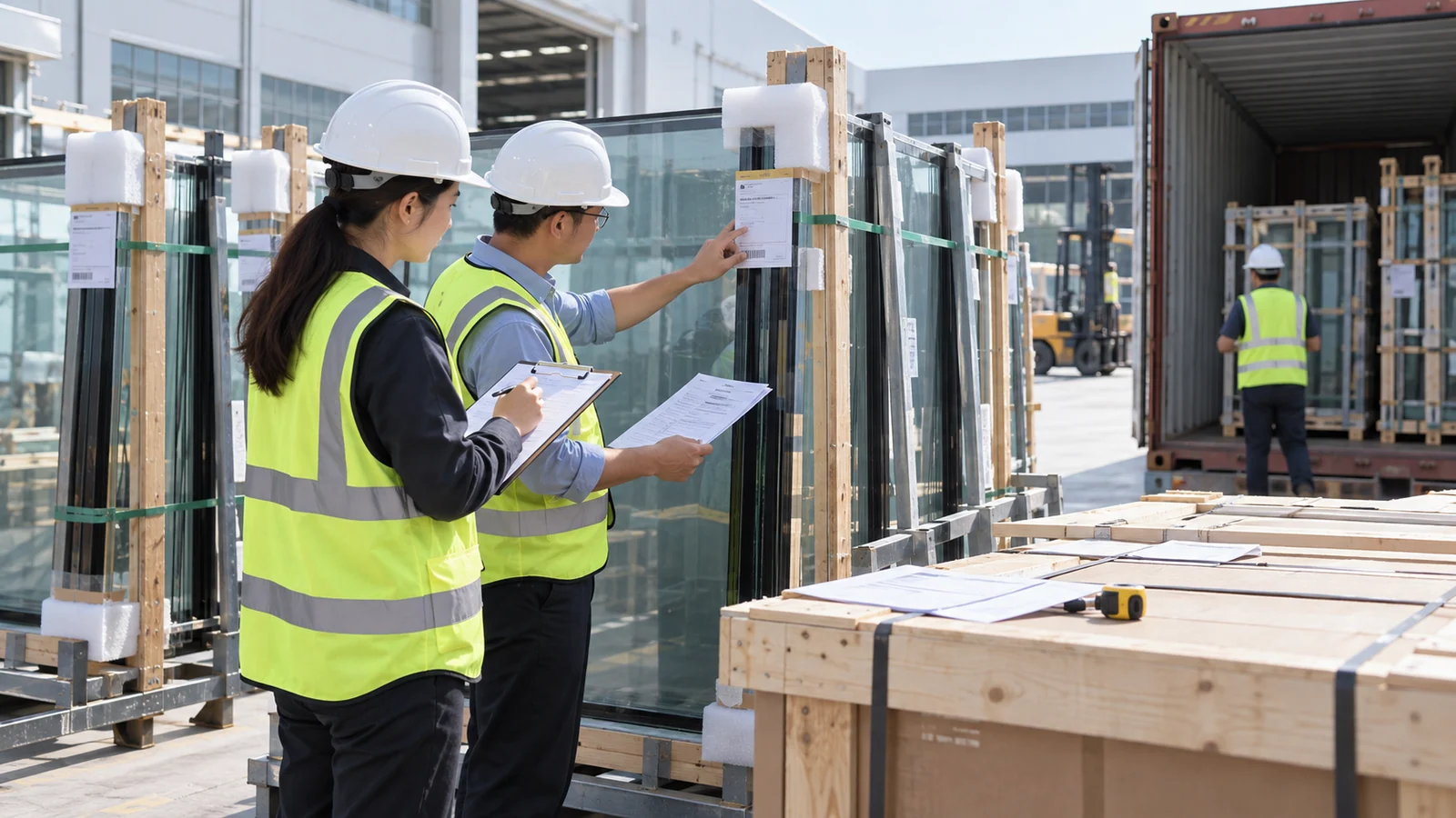 Facade procurement team inspecting protected glazed panels, packing records and identification before container loading