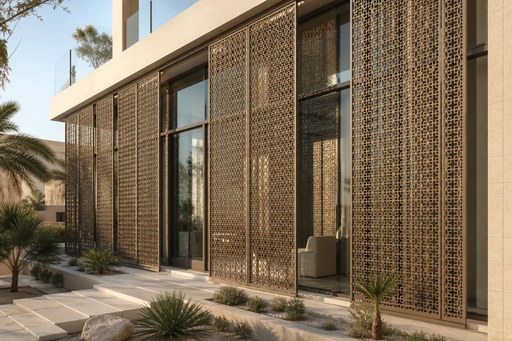 Contemporary Gulf facade with a geometric aluminium Mashrabiya screen