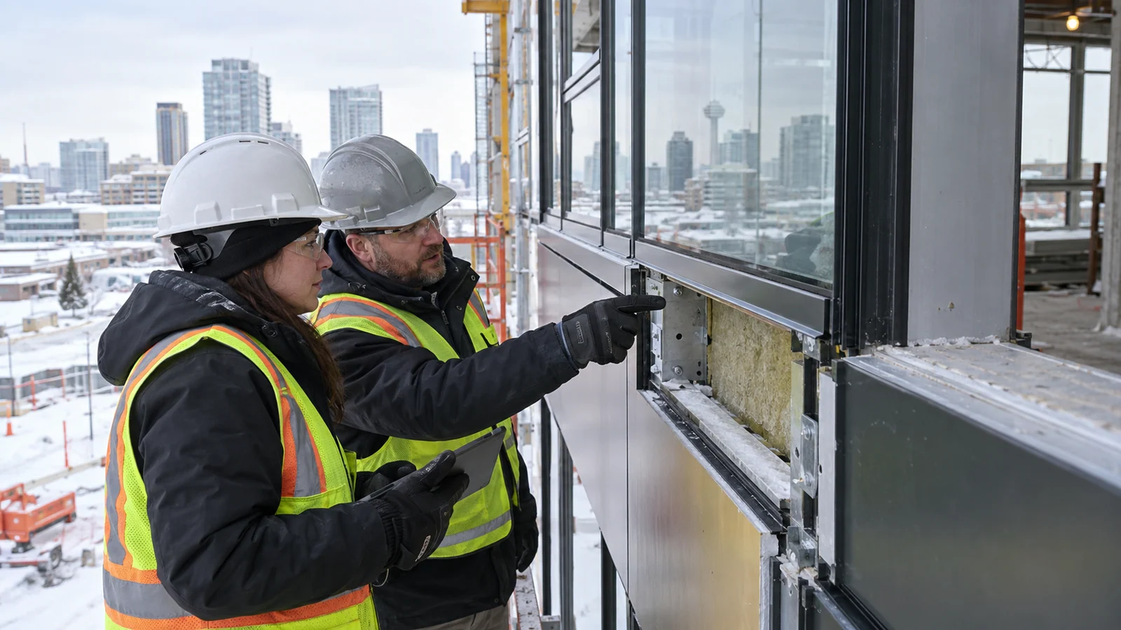 Facade engineer and local contractor reviewing a thermally broken curtain-wall perimeter during cold-weather enclosure work