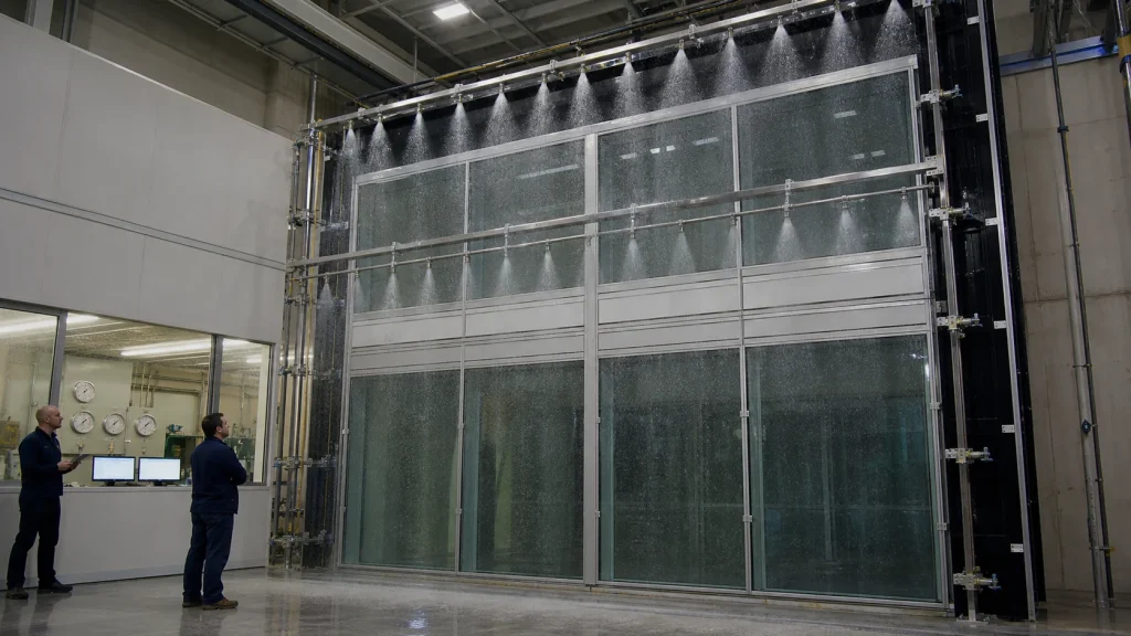 Full-scale curtain-wall mock-up undergoing controlled water performance testing