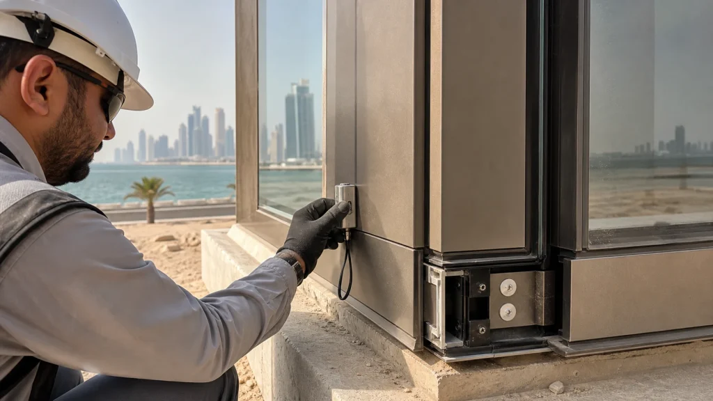 Technician inspecting a coated aluminium curtain-wall joint in a Gulf coastal environment