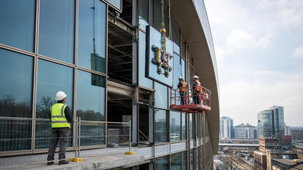 Curtain-wall installers positioning a glazed panel from a guarded access platform
