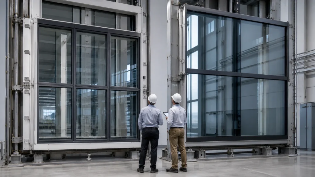 Full-scale stick and unitized curtain-wall bays prepared for technical comparison