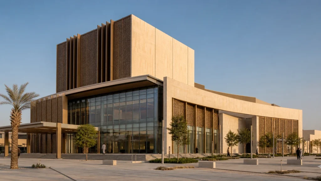 Generated reference of a Riyadh performing arts venue with a glazed foyer and bronze screens