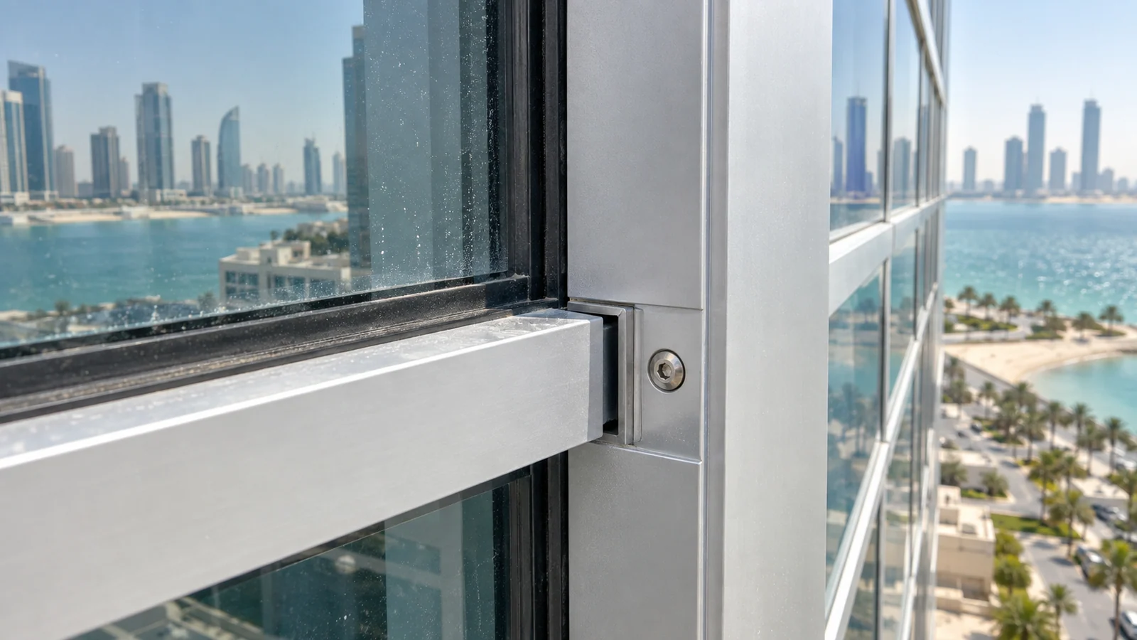Close inspection of coated aluminium curtain-wall joint, gasket, fastener and drainage detail in a Gulf coastal environment
