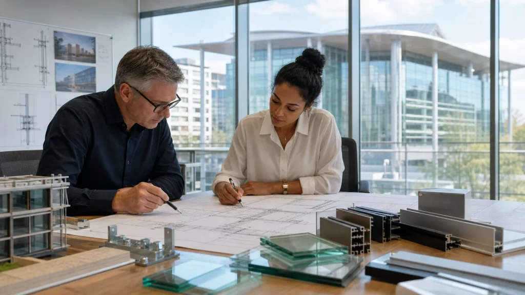 Facade engineer and architect reviewing curtain-wall drawings, profiles, anchors and glazing samples