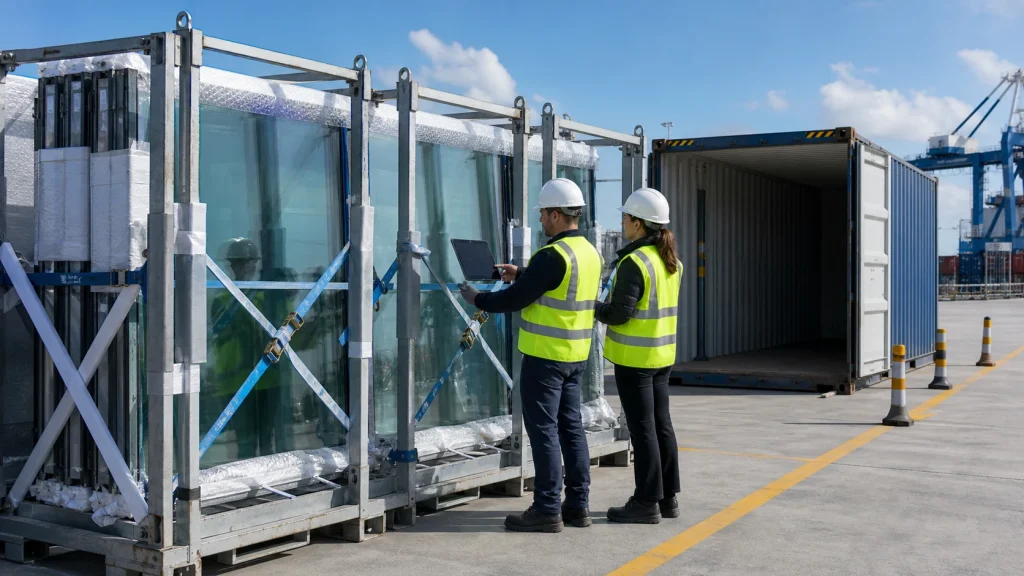 Protected unitized facade panels inspected in steel stillages beside an export container