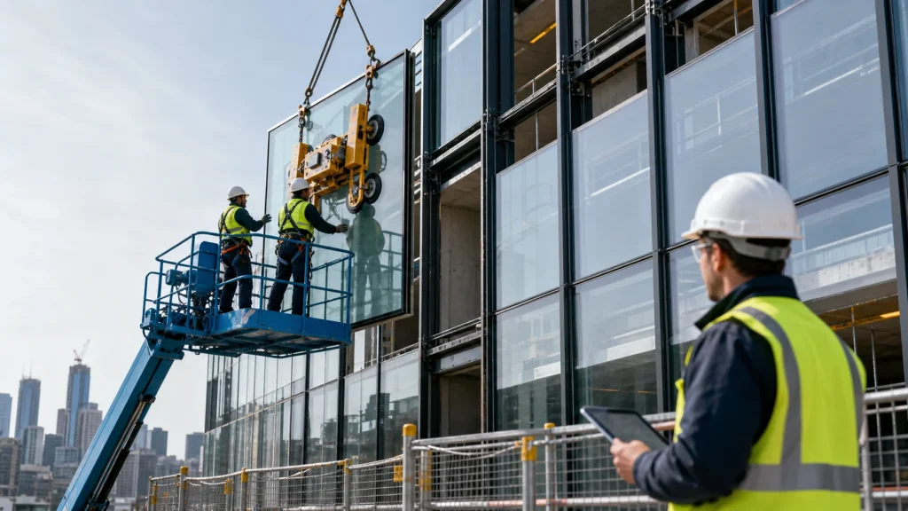 Facade installers safely positioning a glazed curtain-wall panel from a guarded access platform