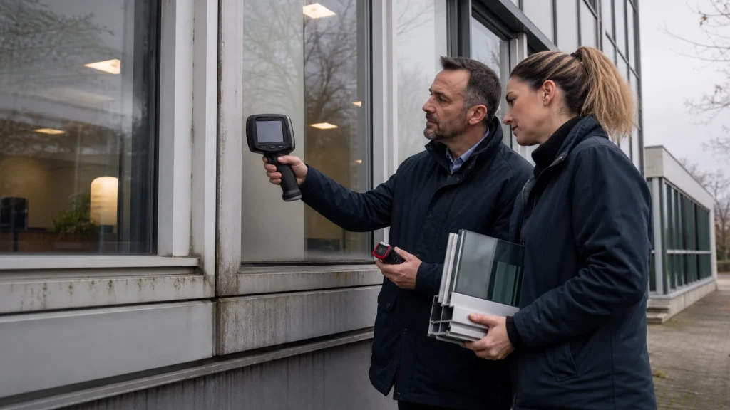 Facade surveyors using diagnostic tools on an ageing glazed building envelope