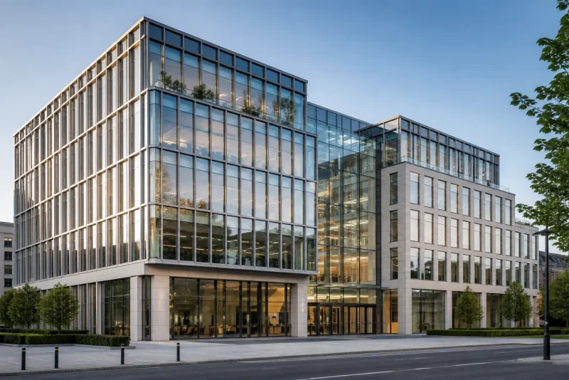 International commercial building with a precise site-assembled stick curtain-wall grid