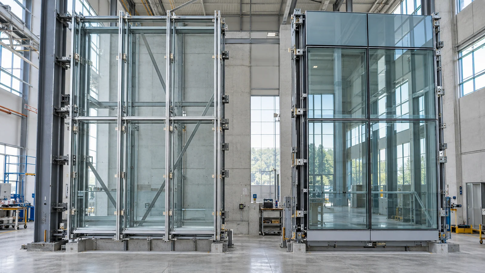 Full-scale bays compared side by side — the stick vs unitized curtain wall decision in technical mock-up form