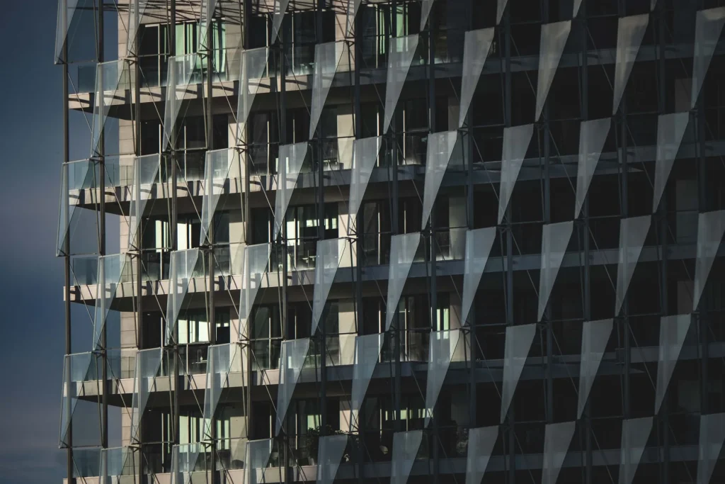 Contemporary structural glazing facade with projecting external glass fins