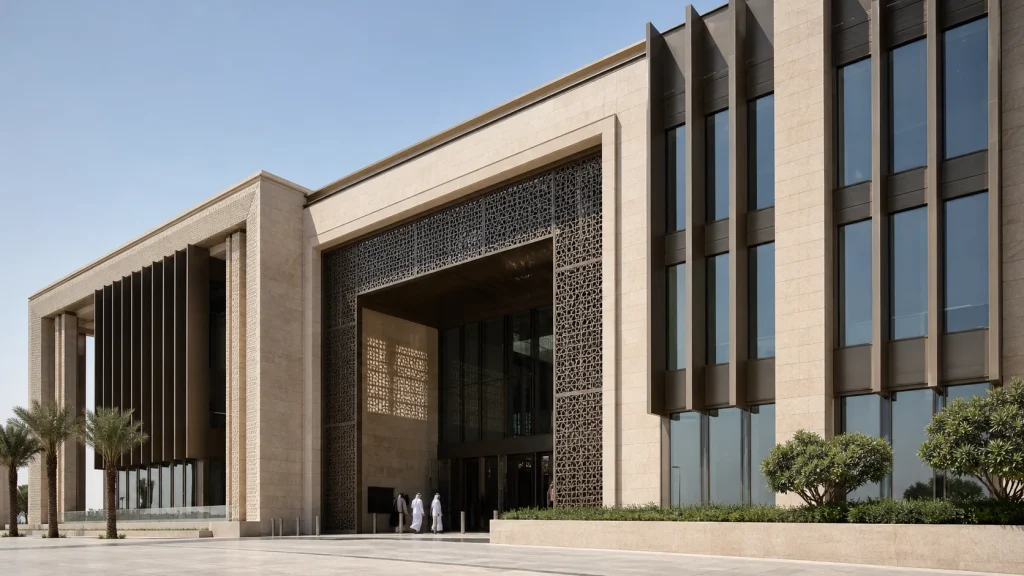 منشأة حكومية حديثة في دول مجلس التعاون الخليجي مزودة بتراكيب زجاجية عالية الأداء، وأجنحة عميقة، وأبواب وقوف شمسية