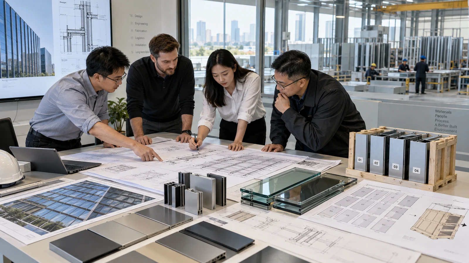 Facade design and supply team coordinating drawings, glass and aluminium system samples for an international facade company