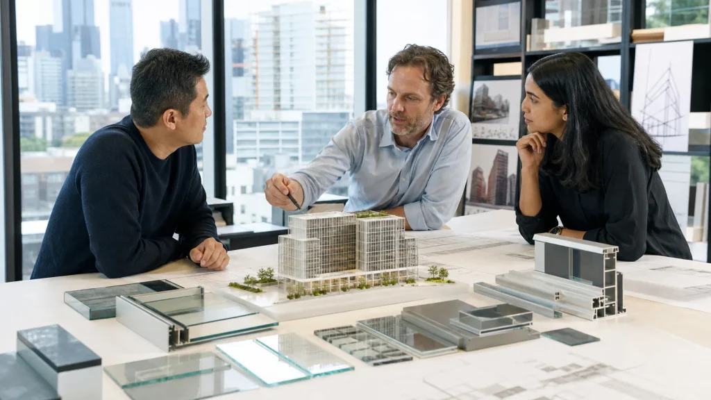 مهندس معماري ومهندس تطوير وتصميم واجهات المباني يراجعون نموذج مفاهيمي ومقاطع عينة من الغلاف الخارجي
