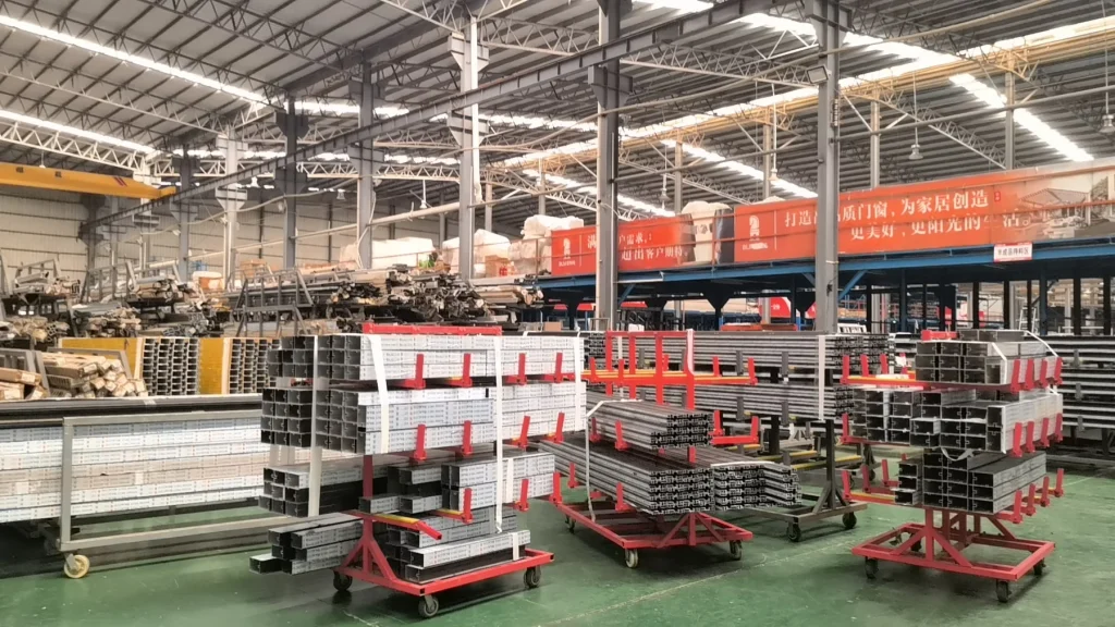 Extruded aluminium profiles staged after the extrusion line at a curtain wall factory