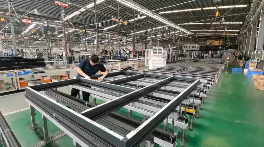 Glazed unitised curtain wall panels separated on curing racks after assembly, with the green inner layer marking completed double-glazed units